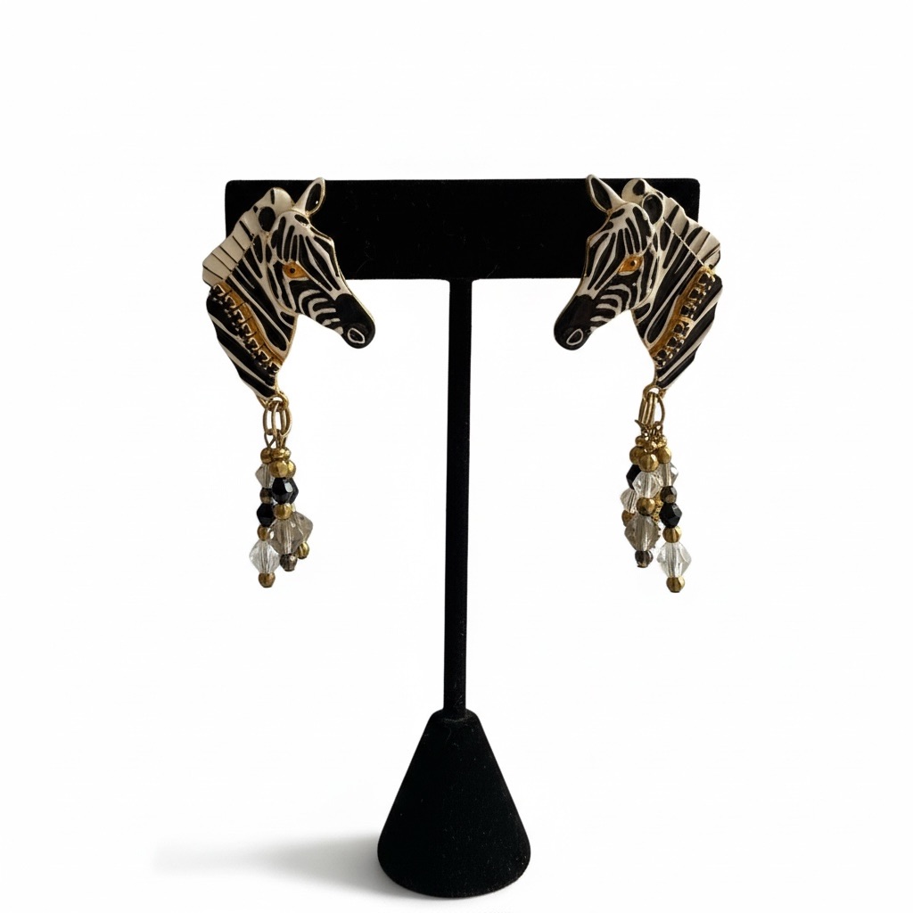 Vintage Lunch At The Ritz Zebra Head Earrings Gold Enamel Beaded Dangle Animal